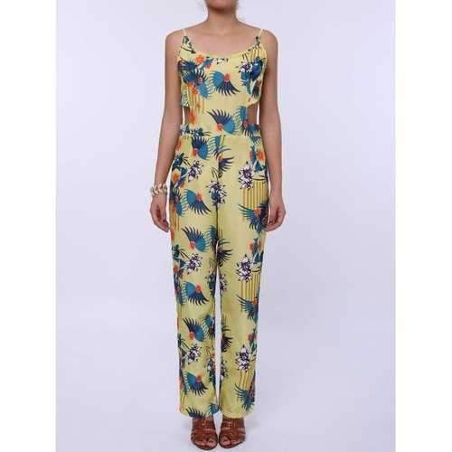Cutout Spaghetti Strap Floral Print Backless Jumpsuit - Yellow L