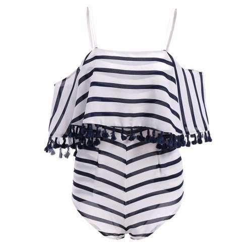 Stripe Falbala Leakage Shoulder Strap Women's Romper - White S