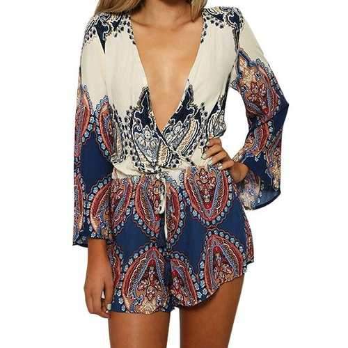 Ethnic Style Plunging Neck Color Block Print Tie-Up Long Sleeve Romper For Women - M