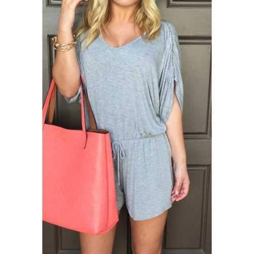 Casual Style Scoop Neck Solid Color Backless Tie-Up Short Sleeve Romper For Women - Gray S
