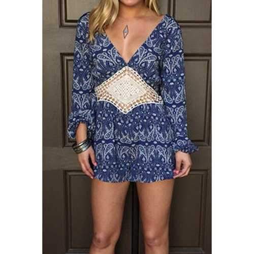 Sexy Style V-Neck Floral Print Backless Lace Splicing Long Sleeve Romper For Women - Blue S