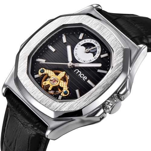 Silver Case Business Style Leather Strap Mechanical Watches