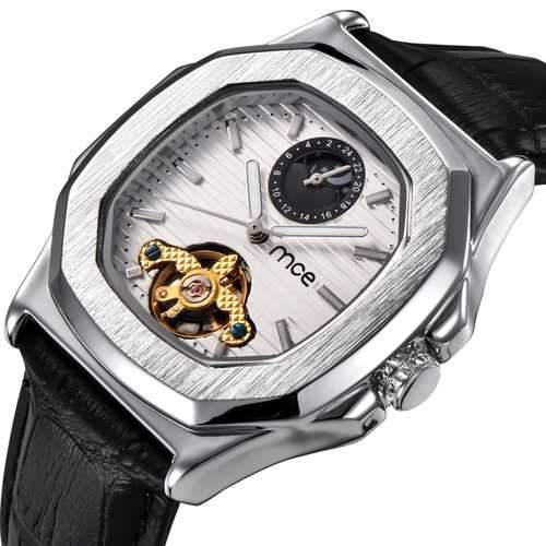 Silver Case Business Style Leather Strap Mechanical Watches