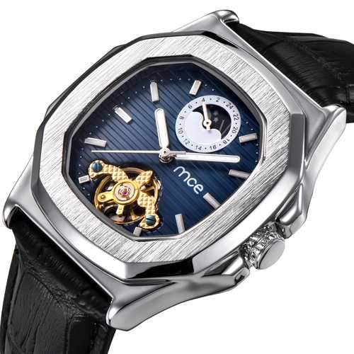 Silver Case Business Style Leather Strap Mechanical Watches