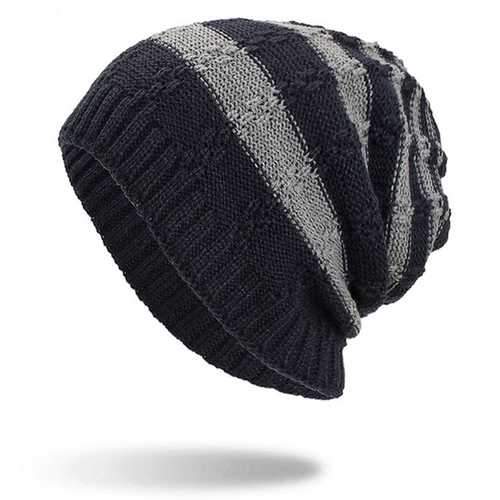 Winter Stripe Coral Fleece Double Layers Beanie Caps