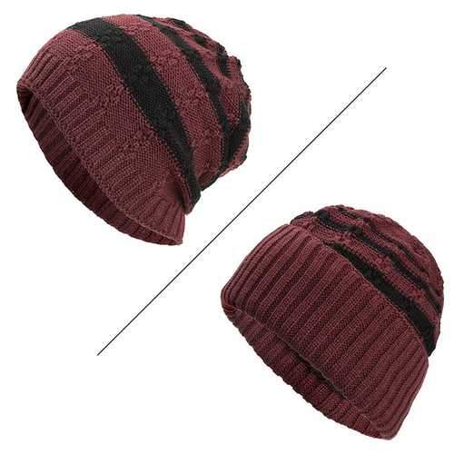Winter Stripe Coral Fleece Double Layers Beanie Caps