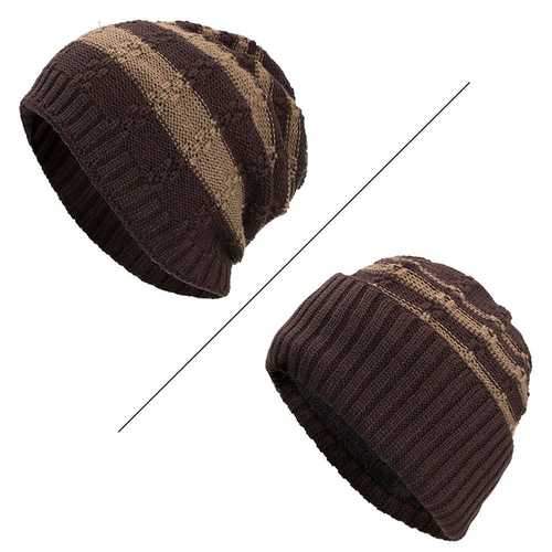 Winter Stripe Coral Fleece Double Layers Beanie Caps