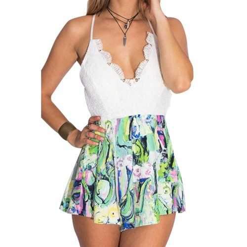 Sexy Style Spaghetti Strap Lace Splicing Print Sleeveless Romper For Women - White And Green L