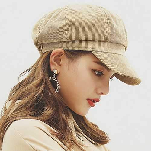 Womens Winter Corduroy Octagon Painter Beret Caps
