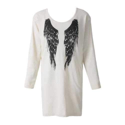 Stylish Scoop Neck Long Sleeve Wing Pattern Loose-Fitting Women's Sweater - Off-white L