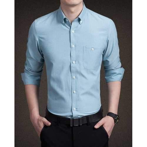 Trendy Shirt Collar One Pocket Solid Color Slimming Long Sleeve Cotton Blend Shirt For Men - Light Green 5xl