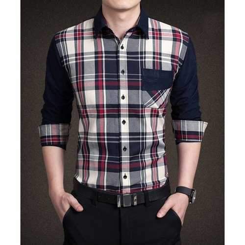 Stylish Shirt Collar Color Block Plaid Splicing Pocket Design Slimming Long Sleeve Cotton Blend Shirt For Men - Checked Xl