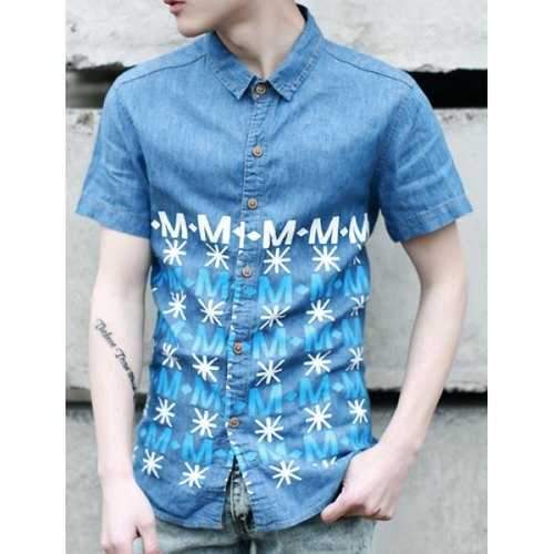 Slimming Turn-down Collar Fashion Union Jack and Letters Print Short Sleeves Men's Denim Shirt - Deep Blue Xl