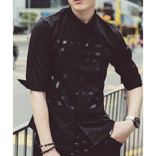 Summer Fitted Turn-down Collar Geometric Print 3/4 Sleeves Men's Cotton Blend Shirt - Black M