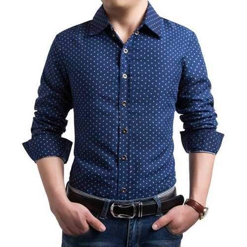 Stylish Shirt Collar Tiny Mushroom Print Slimming Long Sleeve Cotton Blend Shirt For Men - Cadetblue M