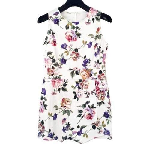 Sweet Style Jewel Neck Floral Print Sleeveless Playsuit For Women - White S