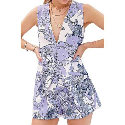 Stylish Plunging Neck Sleeveless Floral Chiffon Women's Romper - Blue Xs