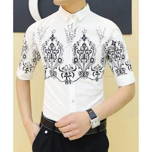 Trendy Shirt Collar Chic Ethnic Pattern Slimming 1/2 Sleeve Cotton Blend Shirt For Men - White L