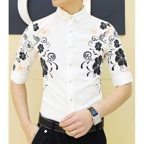 Stylish Shirt Collar Color Block Flowers Print Slimming 1/2 Sleeve Polyester Shirt For Men - White M