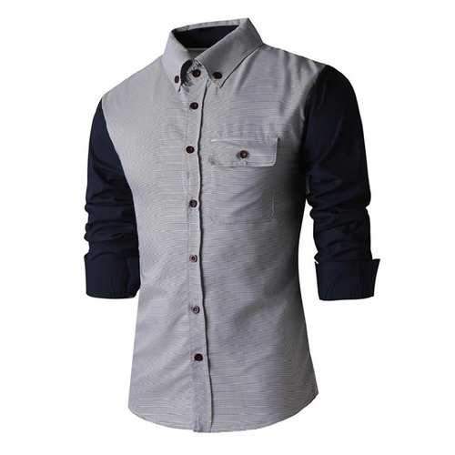 Stylish Shirt Collar Color Block Pinstripe Splicing Slimming Long Sleeve Polyester Shirt For Men - Cadetblue L