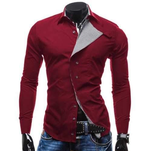 Stylish Shirt Collar Oblique Checked Placket Design Slimming Long Sleeve Polyester Shirt For Men - Wine Red M