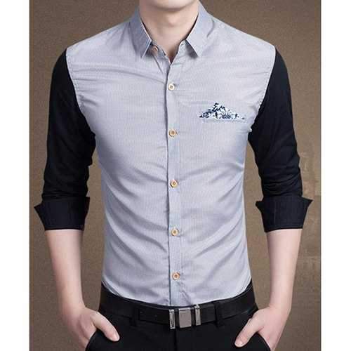 Stylish Shirt Collar Color Block Tiny Checked Splicing Slimming Long Sleeve Cotton Blend Button-Down Shirt For Men - White L