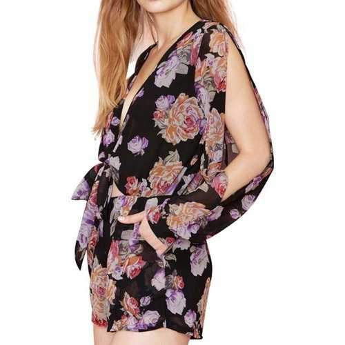 Stylish Plunging Neck Long Sleeve Floral Chiffon Women's Romper - Black Xl