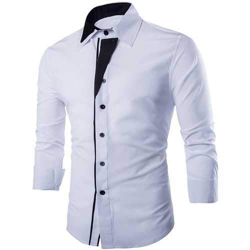 Trendy Shirt Collar Irregular Color Block Splicing Slimming Long Sleeve Cotton Blend Shirt For Men - White Xl
