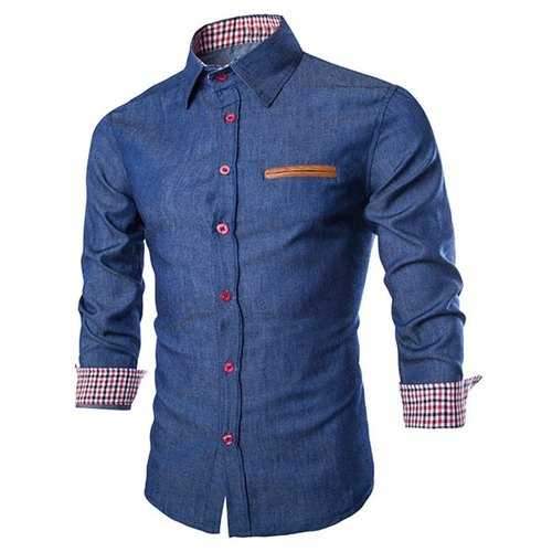 Color Block Plaid Hemming Panel Denim Shirt - Deep Blue M