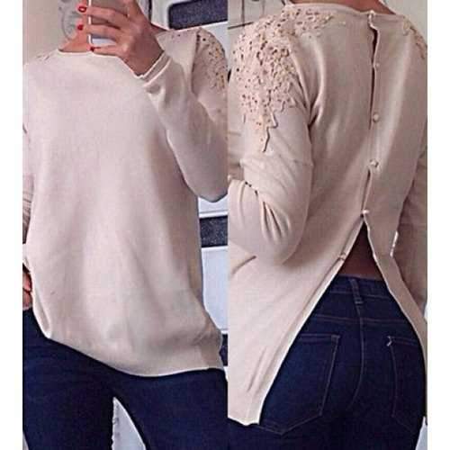 Stylish Round Collar Lace Splicing Button Design Long Sleeve Knitwear For Women - White S