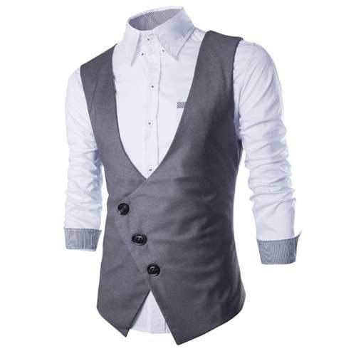 Stylish V-Neck Solid Color Oblique Placket Slimming Sleeveless Cotton Blend Waistcoat For Men - Gray Xl