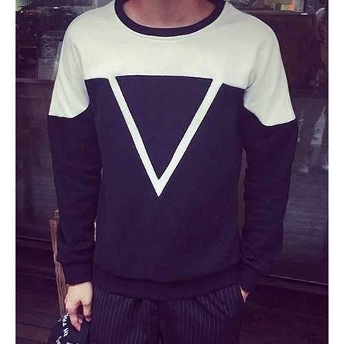 Color Splicing Triangle Pattern Men's Round Neck Long Sleeve Sweatshirt - Black L