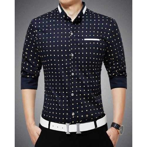 Stylish Polka Dot Print Color Block Slim Fit Long Sleeves Men's Pin Collar Shirt - Cadetblue M