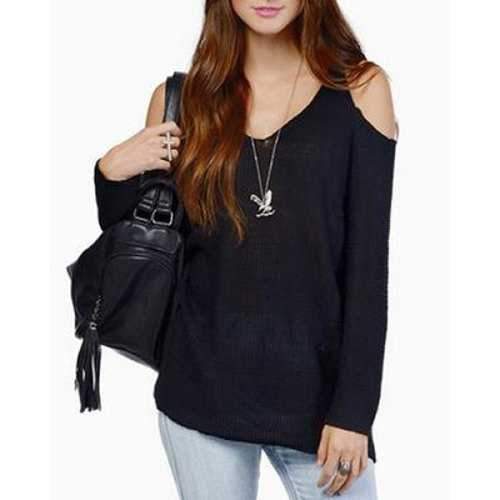 Sweet V-Neck Solid Color Off Shoulder Knitwear For Women - Black M