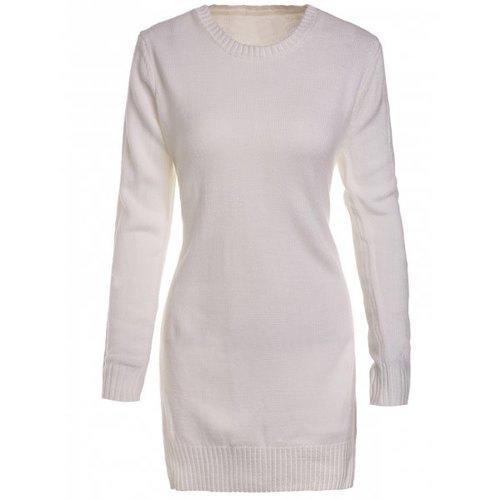 Sweet Round Neck High Slit White Sweater For Women - White M