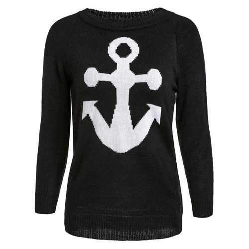 Stylish Jewel Neck Anchor Printed Sweater For Women - Black M