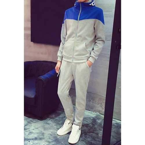Trendy Color Block Splicing Polyester Slimming Men's Long Sleeve Hoodie and Sweatpants - Gray L