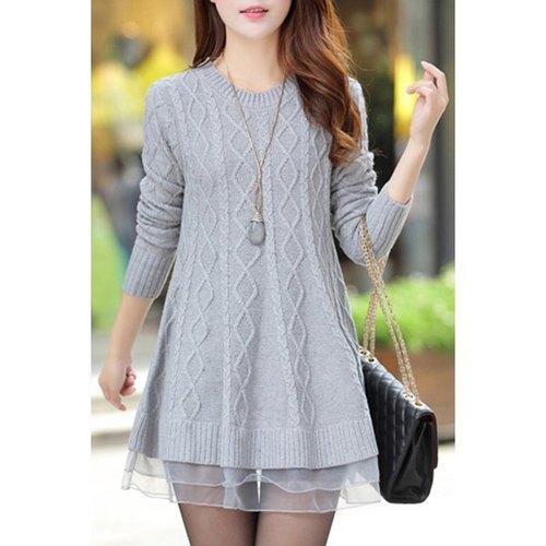 Stylish Round Neck Long Sleeve Solid Color Voile Spliced Women's Sweater - Gray Xl