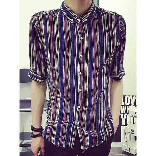 Stylish Turn-down Collar Colorized Stripes Print Slim Fit Half Sleeves Men's Button-Down Shirt - 2xl