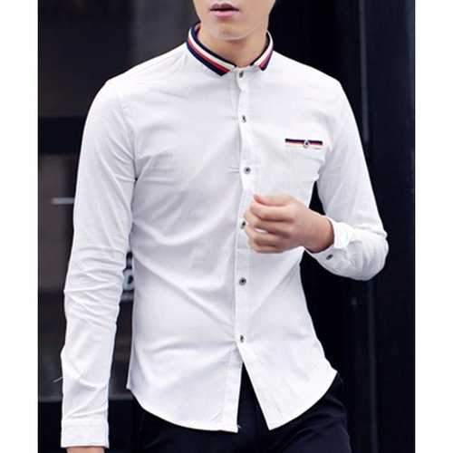 Fashion Style Turn-down Collar Colorized Stripes Spliced Long Sleeves Men's Slim Fit Shirt - White Xl