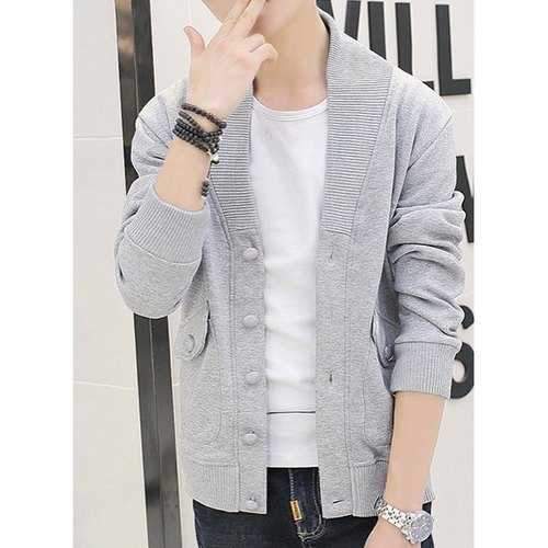 Stylish Stand Collar Single Breasted Knitted Splicing Slimming Long Sleeve Cotton Blend Sweatshirt For Men - Gray L