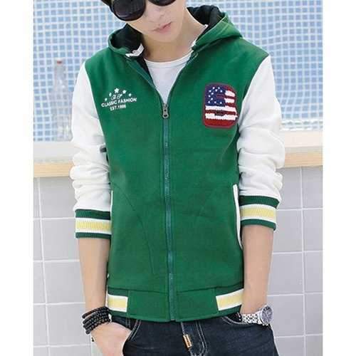 Fashion Hooded Color Block Splicing Badge Design Velour Lined Slimming Long Sleeve Cotton Blend Hoodie For Men - Green 2xl