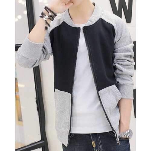 Stylish Stand Collar Color Splicing Slimming Long Sleeve Cotton Blend Men's Sweatshirt - Black M