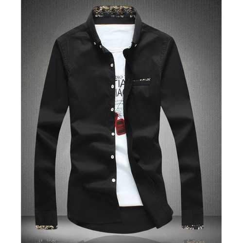 Stylish Shirt Collar Color Block Edging Design Slimming Long Sleeve Cotton Blend Button-Down Shirt For Men - Black 4xl