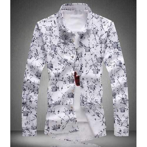 Trendy Shirt Collar Splash-Ink Crown Print Slimming Long Sleeve Cotton Blend Shirt For Men - White 3xl