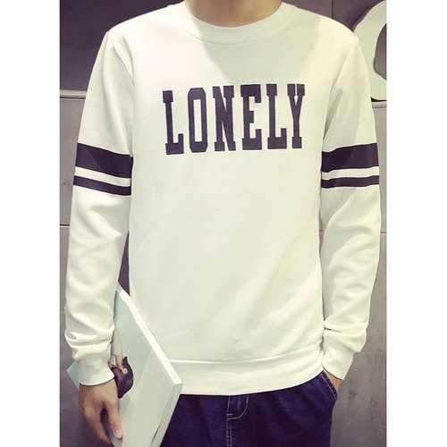 Trendy Round Neck Letter and Stripe Print Fitted Long Sleeve Polyester Sweatshirt For Men - White L