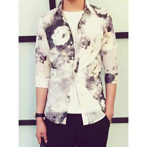 Slimming Ink Floral Print Men's Turn-Down Collar 3/4 Length Sleeve Cotton Blends Shirt - L