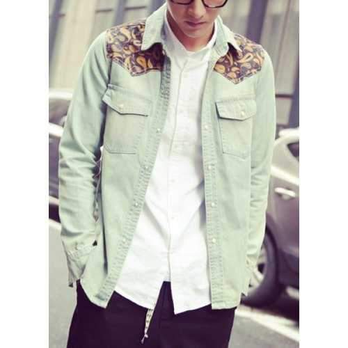 Vogue Shirt Collar Pocket Design Paisley Print Splicing Slimming Long Sleeve Denim Shirt For Men - Light Blue M