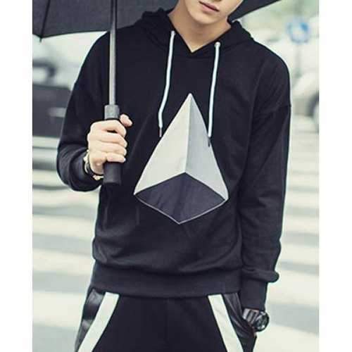 3D Geometric Pattern Appliques Hooded Long Sleeve Men's Cotton Blends Hoodies - Black L