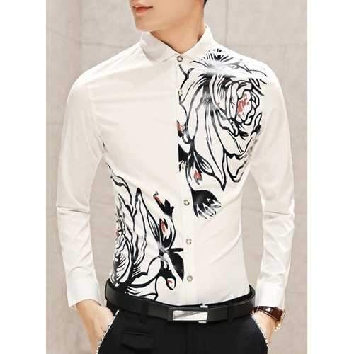Stylish Shirt Collar Chinese Painting Print Slimming Long Sleeve Polyester Shirt For Men - White Xl